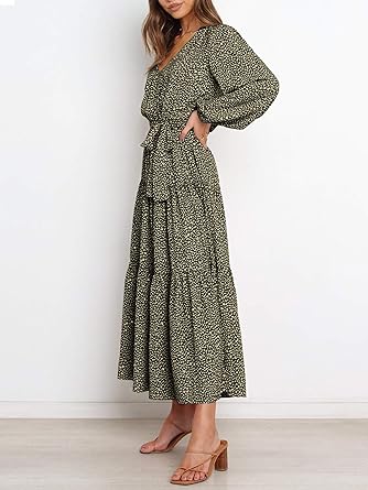 Womens Summer Floral Maxi Dress Casual Wrap V Neck Long Sleeve Chiffon Tie Waist Ruffle Boho Flowy Long Dresses