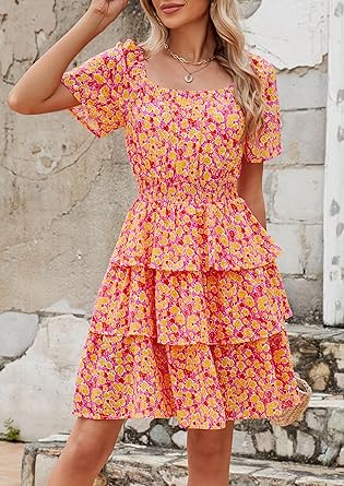 Women's 2025 Floral Summer Short Dress Square Neck Short Sleeve Tiered Ruffle Boho Swing Dresses
