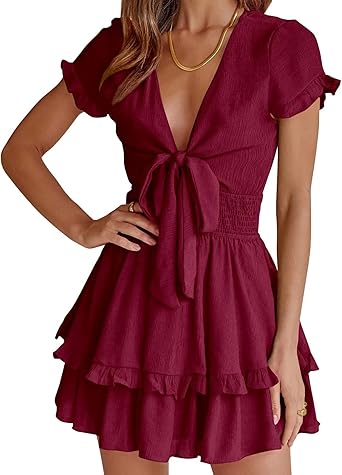 Women Summer Mini Short Dress 2025 Short Sleeve Casual Beach Vacation Sundress V Neck Tiered Sun Dresses