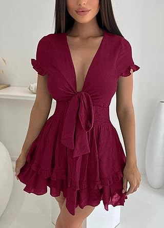 Women Summer Mini Short Dress 2025 Short Sleeve Casual Beach Vacation Sundress V Neck Tiered Sun Dresses