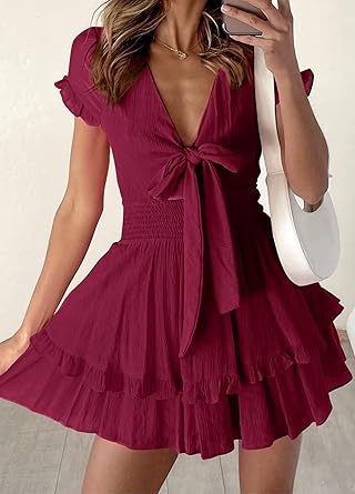 Women Summer Mini Short Dress 2025 Short Sleeve Casual Beach Vacation Sundress V Neck Tiered Sun Dresses