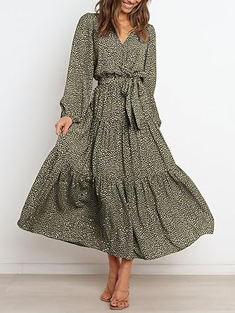 Womens Summer Floral Maxi Dress Casual Wrap V Neck Long Sleeve Chiffon Tie Waist Ruffle Boho Flowy Long Dresses