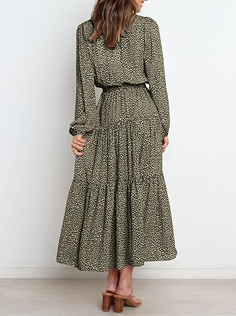 Womens Summer Floral Maxi Dress Casual Wrap V Neck Long Sleeve Chiffon Tie Waist Ruffle Boho Flowy Long Dresses