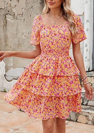 Women's 2025 Floral Summer Short Dress Square Neck Short Sleeve Tiered Ruffle Boho Swing Dresses
