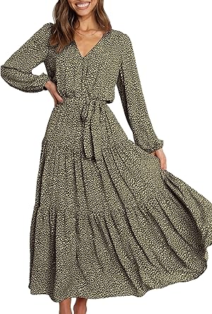 Womens Summer Floral Maxi Dress Casual Wrap V Neck Long Sleeve Chiffon Tie Waist Ruffle Boho Flowy Long Dresses