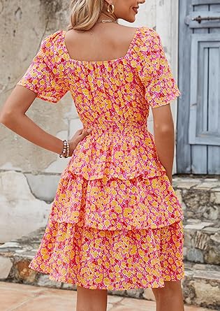 Women's 2025 Floral Summer Short Dress Square Neck Short Sleeve Tiered Ruffle Boho Swing Dresses
