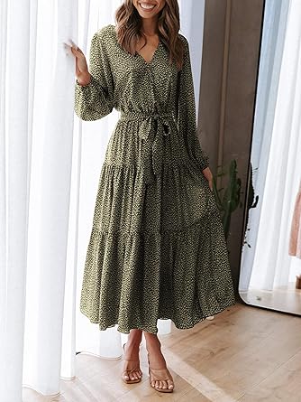 Womens Summer Floral Maxi Dress Casual Wrap V Neck Long Sleeve Chiffon Tie Waist Ruffle Boho Flowy Long Dresses