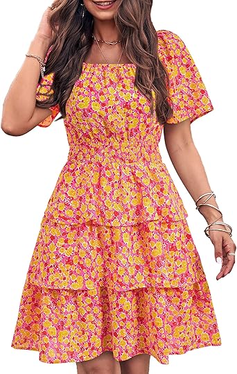 Women's 2025 Floral Summer Short Dress Square Neck Short Sleeve Tiered Ruffle Boho Swing Dresses